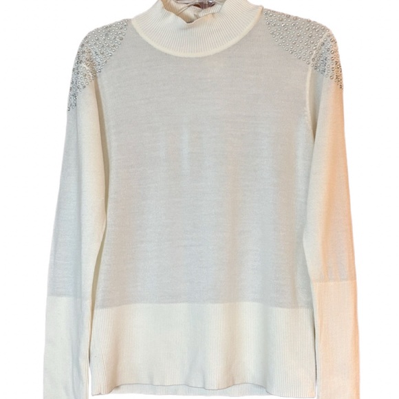 Karl Lagerfeld Paris Ivory Mock Neck Merino Wool Jeweled Shoulder Sweater M NWT - Picture 2 of 6